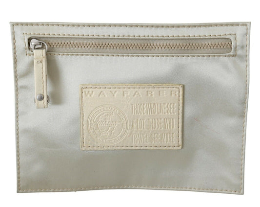 Small beige wallet with a zippered pocket on front