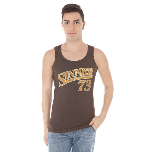 Man wearing tank top with "SINNER 73" printed on front